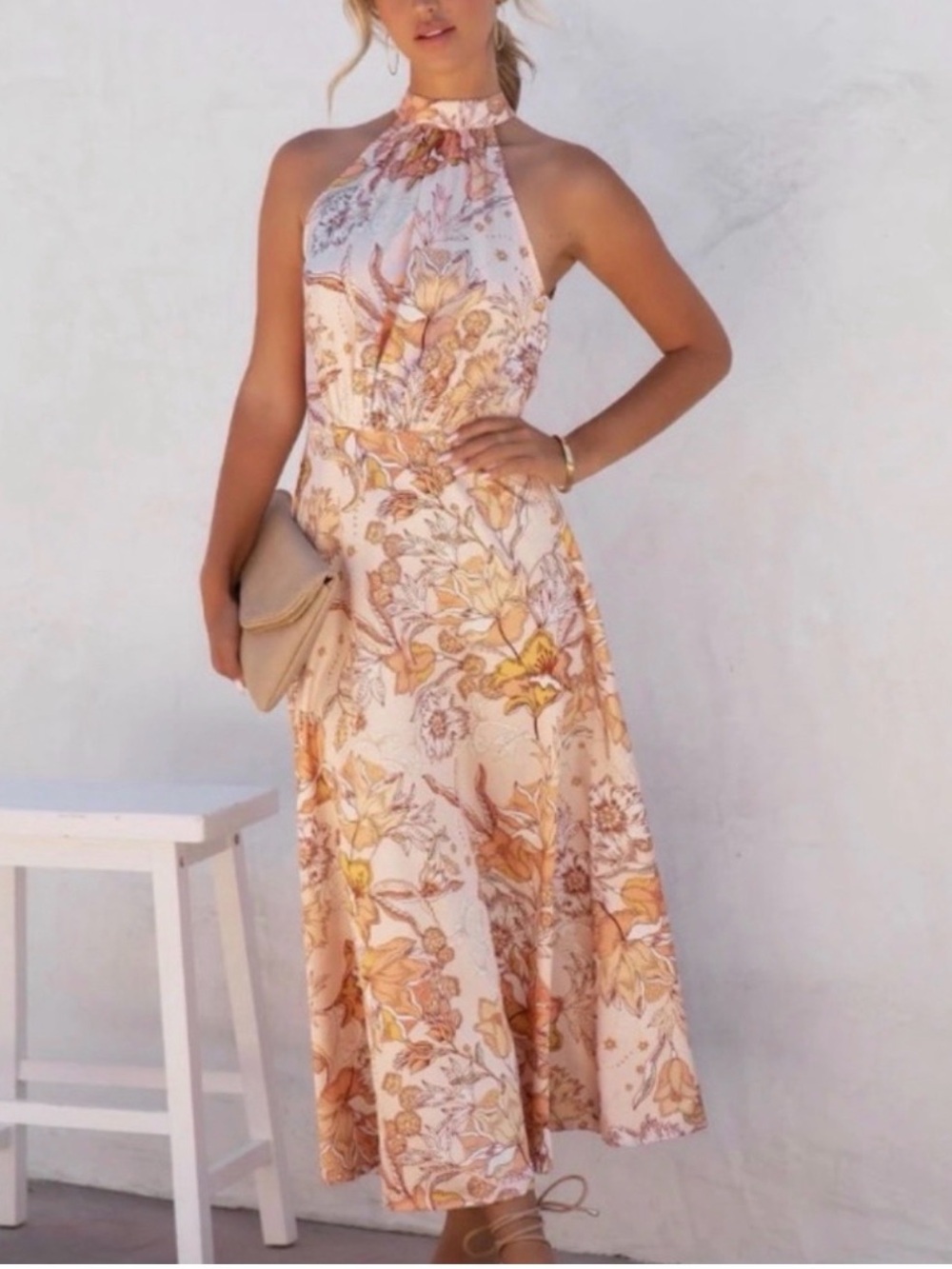 Flying Tomato Peach Floral Halter Maxi Dress with Yellow Accents